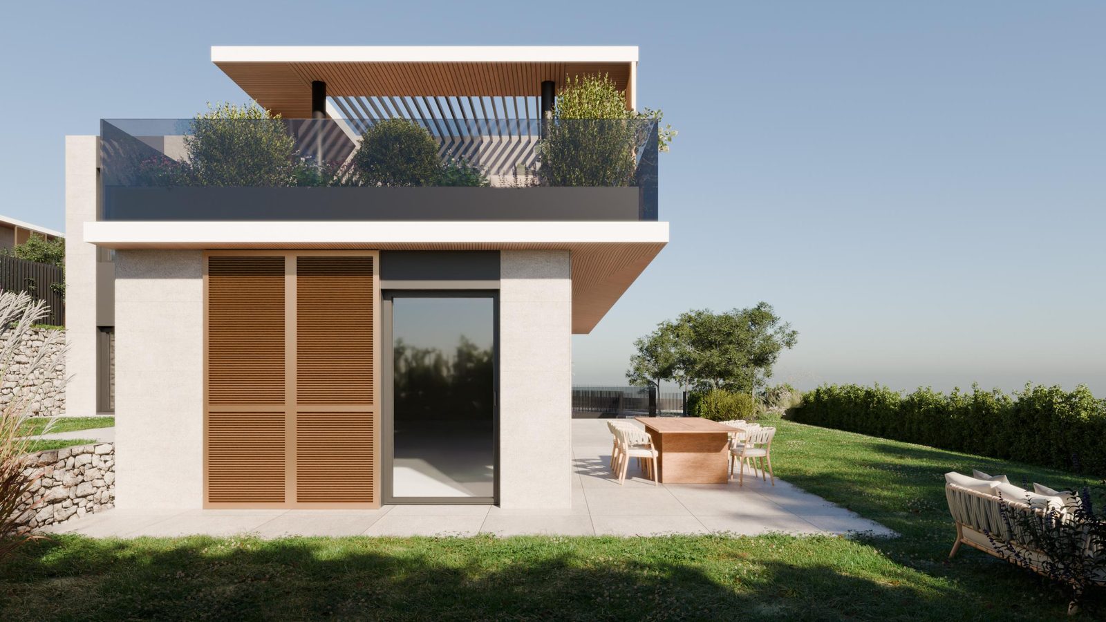 Das Penthouse mit überdachter Terrasse und Dachgarten