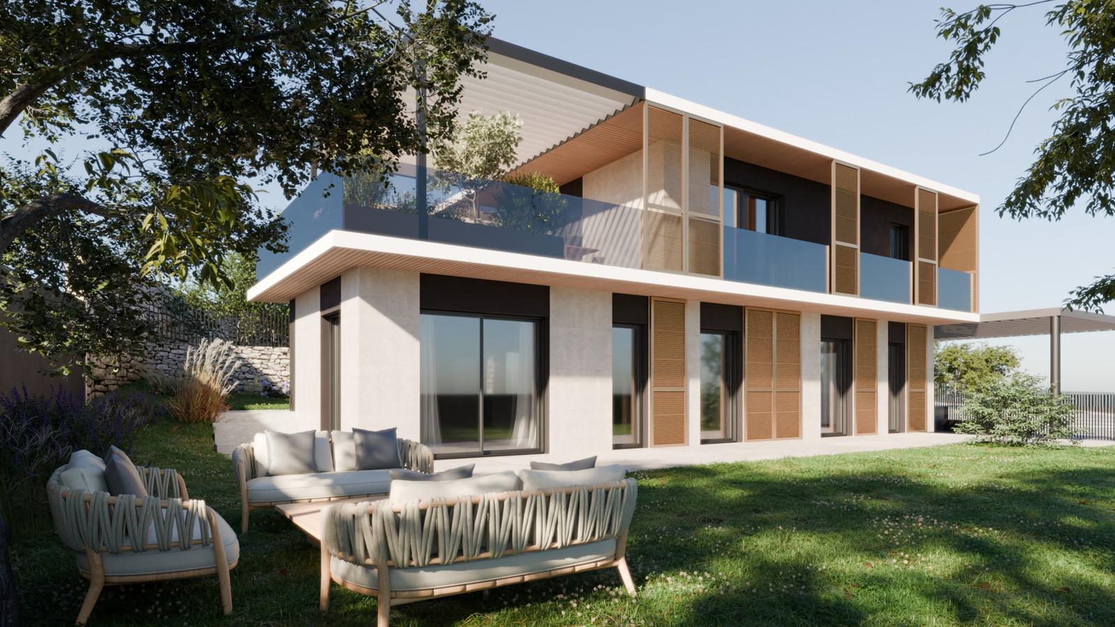 Rendering frontale della villa bifamiliare con terrazza al piano primo