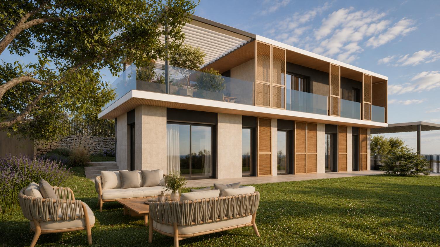 Rendering della villa bifamiliare Rocca degli Ulivi immersa nel verde