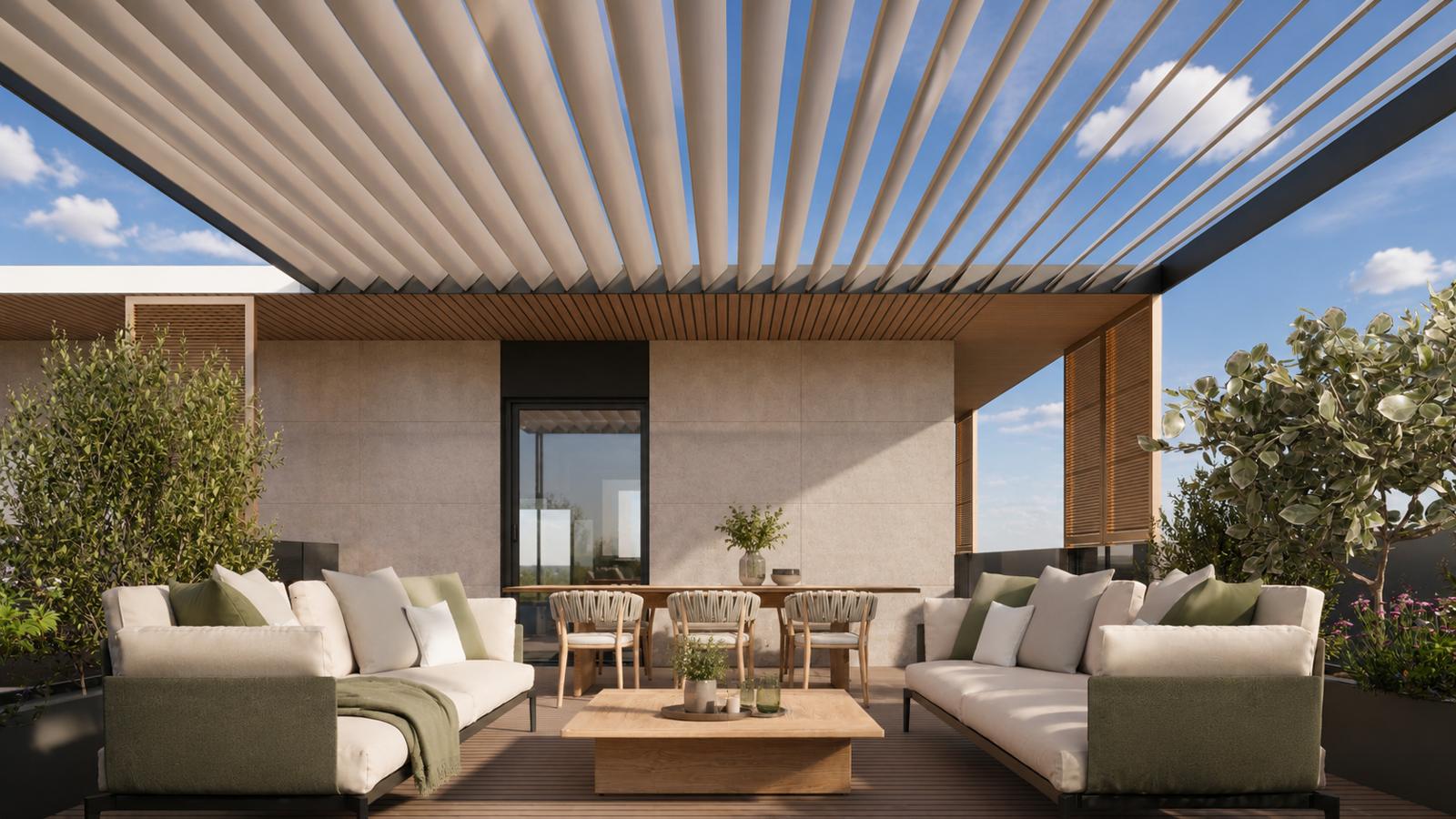 Pergola bioclimatica con living esterno