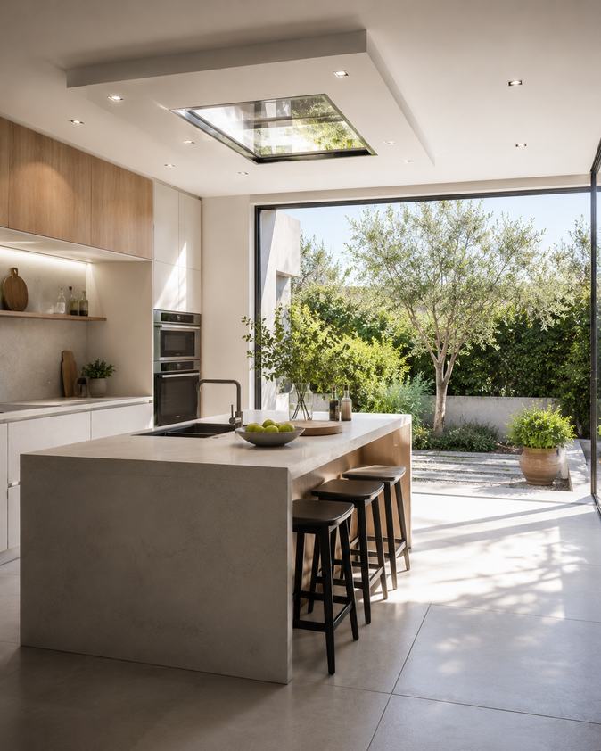 Cucina con isola aperta sul giardino