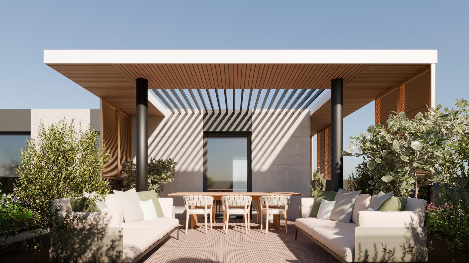 Die Penthouse-Terrasse mit Holzpergola und Outdoor-Lounge